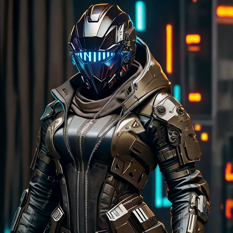 (masterpiece, best quality:1.2), 1girl, solo, (cuerpo perfecto), (hiper calidad 32k), (hiper realista), (casco con respirador, estilo guerrera cyberpunk), (hiper detalles, partes del cuerpo con armadura, con detalles led),
