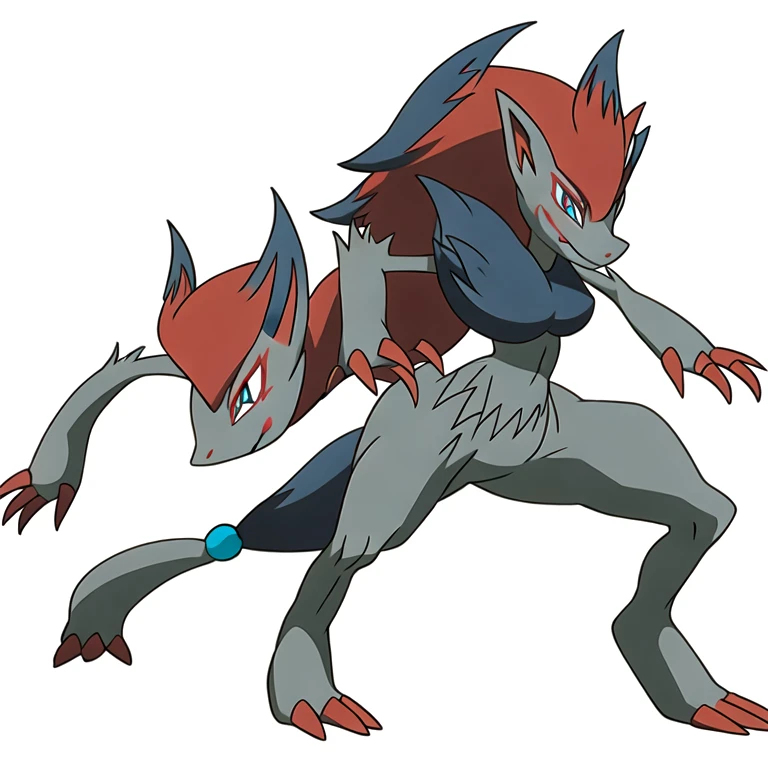 (masterpiece, best quality:1.2),solo,zoroark \(pokemon\),pokemon \(creature\),full body,no humans,blue eyes,claws,closed mouth,happy,smile,long hair,looking at viewer,red hair,grey fur