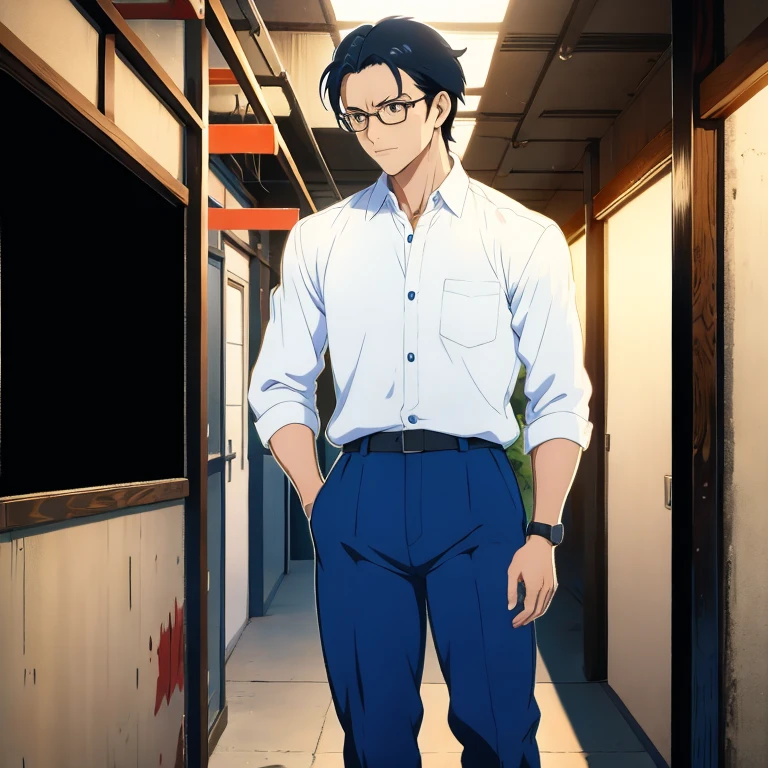(masterpiece, best quality:1.2), 1boy, solo, A youthful individual with a pronounced jawline, intense black eyes behind black-framed glasses, and an air of fatigue. Their black hair is unkempt, leaning to the right, complementing their full-body stance. clad in a crisp white shirt and navy-blue trousers, captured in the styles of 'studioghibli' and 'Shingeki no Kyojin S4'.