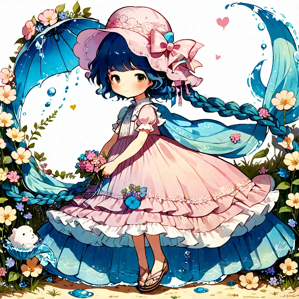 ((plano general:1.4))El estilo de ilustración romántica de Sarah Kay del siglo XIX., 1 hermosa girl, hermosa trenza con lazo rosa, fieltro en las sandalias vestido largo con volados y enagua de epoch 1800 floreado, arrodillada en la suela con flores, ella toca una capa de peluche, colores pastel suaves, idílico, mágico, romantic. alto detallado, alta definición, 8k, muy maestro, ((La mejor ilustración romántica al estilo Sarah Kay.: 1.3)), Contenido de la imagen: 1.2