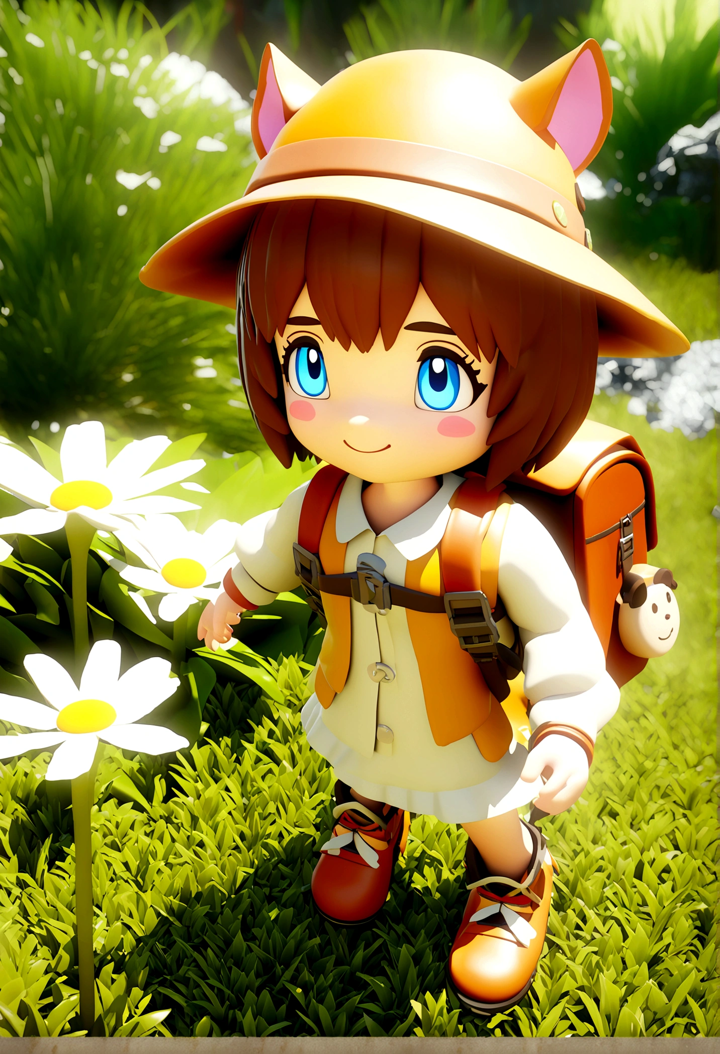 Character sheet of a cartoon character wearing a hat and backpack, Female explorer mini cute girl, Walking in the wilderness, flower jungle, Animation style rendering, cute 3d rendering, small letters. Unreal Engine 5, stylized animation, cute detailed digital art, Atei Gailan 8K, 3 d render stylized, Adventure Surreal Renderings, anime style 3d, 3d rendering stylized, eat 