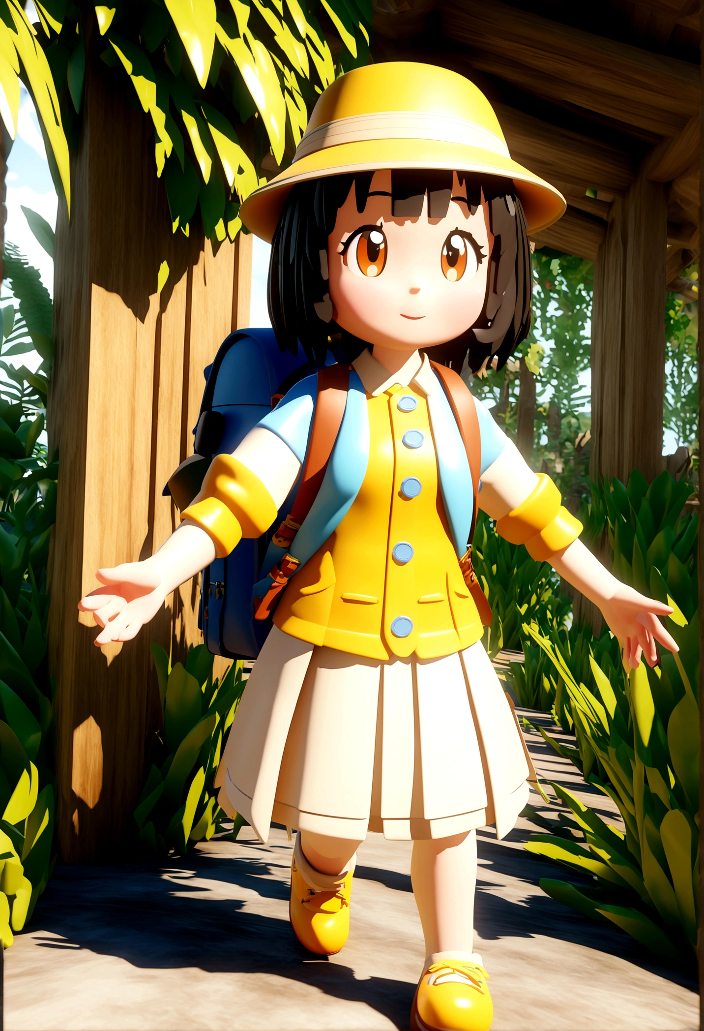 Character sheet of a cartoon character wearing a hat and backpack, Female explorer mini cute girl, Walking in the wilderness, flower jungle, Animation style rendering, cute 3d rendering, small letters. Unreal Engine 5, stylized animation, cute detailed digital art, Atei Gailan 8K, 3 d render stylized, Adventure Surreal Renderings, anime style 3d, 3d rendering stylized, eat