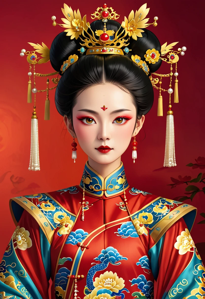 Dragon Throne:1.37.Solemn girl portrait,symmetry,Round Face,Bright Eyes,Smooth skin,Red peony headdress,Elegant and luxurious,Wealth,Gorgeous black and gold costumes,Chinese Qing Dynasty flag costumes,Selfish,Chinese Emperor,High bun,Gorgeous golden crown,tassel,palace,Clean background,(((Wu Zetian,Empress))),Pearl tassels,Pearl Makeup,Red background