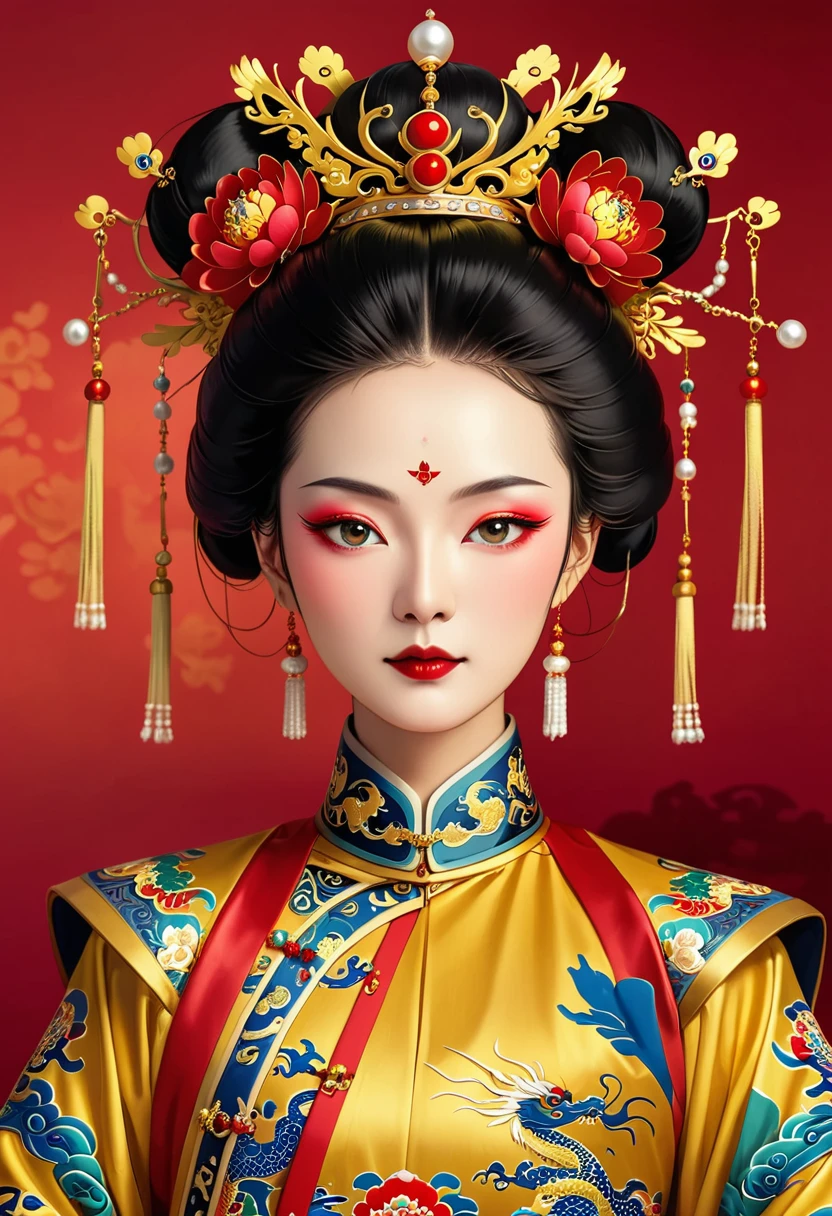 Dragon Throne：1.37.Solemn girl portrait，symmetry，Round Face，Bright Eyes，Smooth skin，Red peony headdress，Elegant and luxurious，Wealth，Gorgeous black and gold costumes，Chinese Qing Dynasty flag costumes,Selfish,Chinese Emperor，High bun，Gorgeous golden crown，tassel，palace，Clean background，(((Wu Zetian，Empress)))，Pearl tassels，Pearl Makeup，Red background
