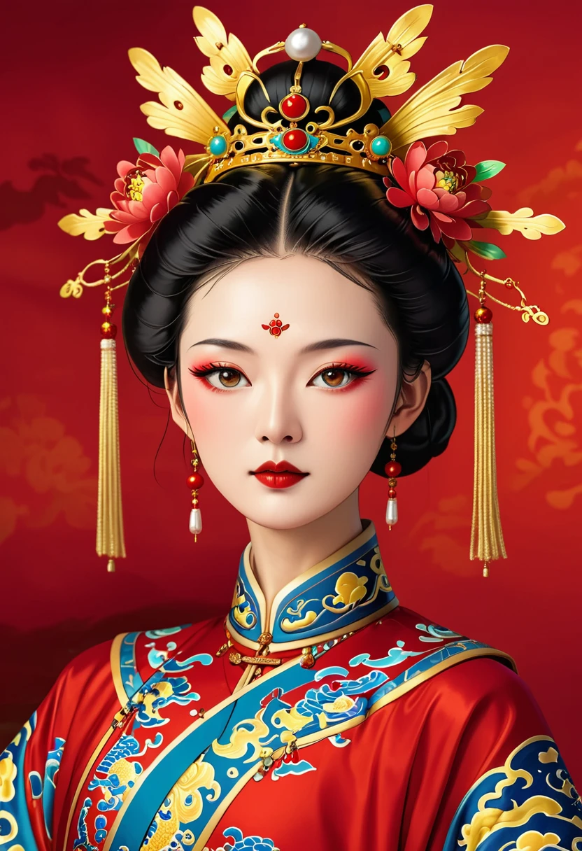 Dragon Throne:1.37.Solemn girl portrait,symmetry,Round Face,Bright Eyes,Smooth skin,Red peony headdress,Elegant and luxurious,Wealth,Gorgeous black and gold costumes,Chinese Qing Dynasty flag costumes,Selfish,Chinese Emperor,High bun,Gorgeous golden crown,tassel,palace,Clean background,(((Wu Zetian,Empress))),Pearl tassels,Pearl Makeup,Red background