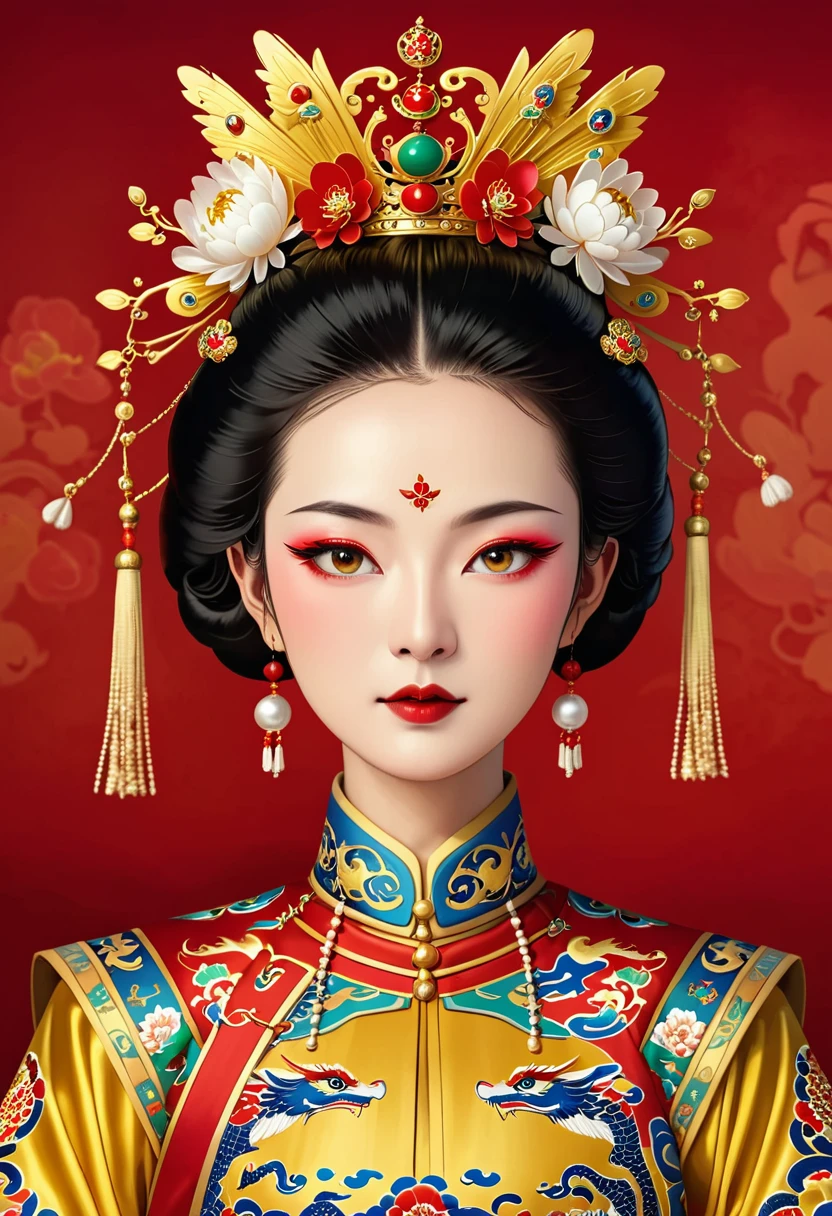 Dragon Throne:1.37.Solemn girl portrait,symmetry,Round Face,Bright Eyes,Smooth skin,Red peony headdress,Elegant and luxurious,Wealth,Gorgeous black and gold costumes,Chinese Qing Dynasty flag costumes,Selfish,Chinese Emperor,High bun,Gorgeous golden crown,tassel,palace,Clean background,(((Wu Zetian,Empress))),Pearl tassels,Pearl Makeup,Red background