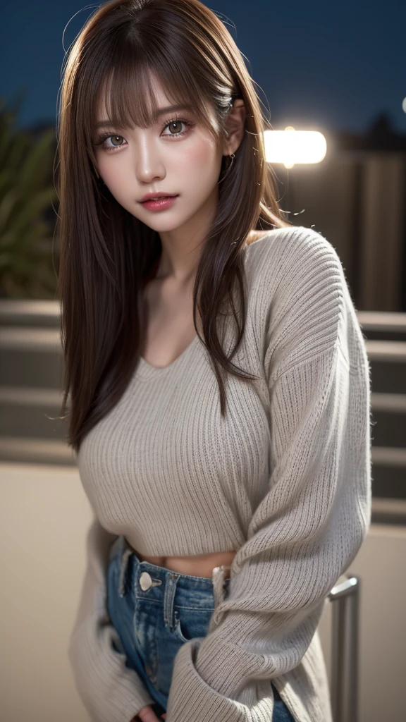 masterpiece、1 beautiful girl、Detailed eyes、Puffy eyes、Highest quality, 超High resolution, (reality: 1.4), Cinema Lighting、Asian Beauty、Korean、so beautiful、Beautiful Skin、thin、Body facing forward、(Surreal)、(High resolution)、(8K)、(Very detailed)、(beautiful Detailed eyess)、(Very detailedな)、 (wall-)、Detailed face、Bright lighting、Professional Lighting、Looking at the audience、Look straight ahead、Grey knitwear、Diagonal bangs、Night view、Brown Hair、19 years old、expensive,