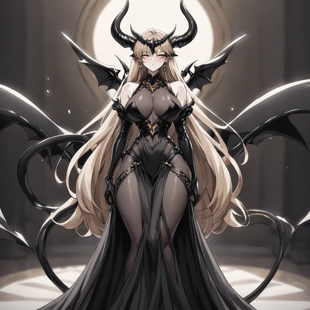 ((Highest quality)), ((masterpiece)), (detailed), (Perfect Face)、The woman is a sexy devil with jet black skin、The woman is a jet-black female demon with magnificent devil horns, jet-black devil wings, and a jet-black tail. Her skin is jet-black, and she is wearing a luxurious and elegant decorated voluminous black gothic dress befitting a great demon queen. She is the jet-black demon Princess Leona, with medium-long light brown hair, and is a demon in both body and mind.、The woman is the wife of a dignified and powerful demon king, her beloved husband.