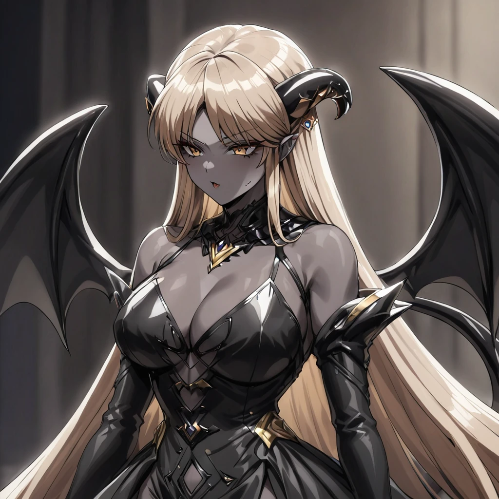 ((Highest quality)), ((masterpiece)), (detailed), (Perfect Face)、The woman is a sexy devil with jet black skin、The woman is a jet-black female demon with magnificent devil horns, jet-black devil wings, and a jet-black tail. Her skin is jet-black, and she is wearing a luxurious and elegant decorated voluminous black gothic dress befitting a great demon queen. She is the jet-black demon Princess Leona, with medium-long light brown hair, and is a demon in both body and mind.、The woman is the wife of a dignified and powerful demon king, her beloved husband.