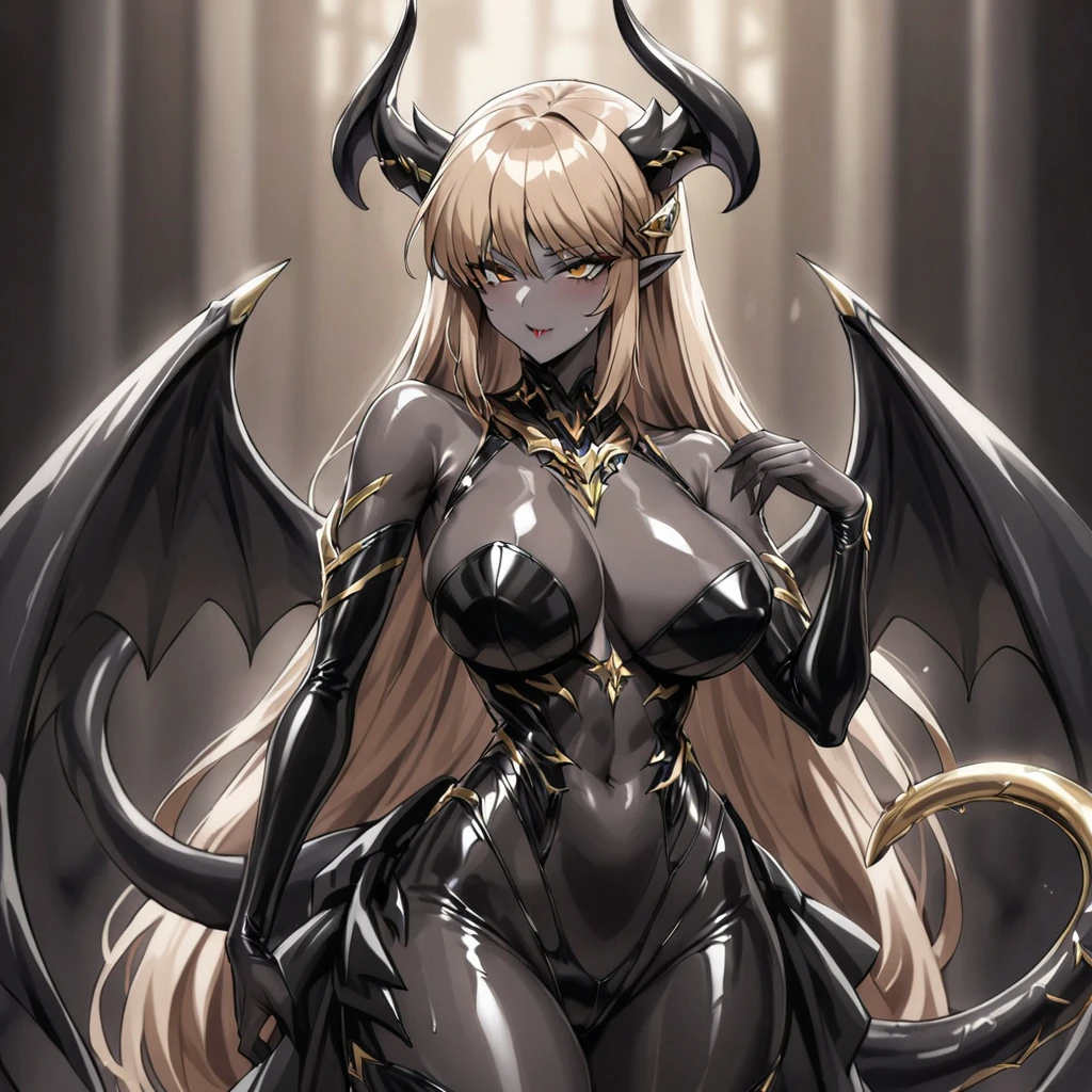 ((Highest quality)), ((masterpiece)), (detailed), (Perfect Face)、The woman is a sexy devil with jet black skin、The woman is a jet-black female demon with magnificent devil horns, jet-black devil wings, and a jet-black tail. Her skin is jet-black and she is wearing a seductive shiny black bodysuit decorated with gold. She is the jet-black demon Princess Leona, with medium-long light brown hair, and is a demon in both body and mind.、The woman is the wife of a dignified and powerful demon king, her beloved husband.