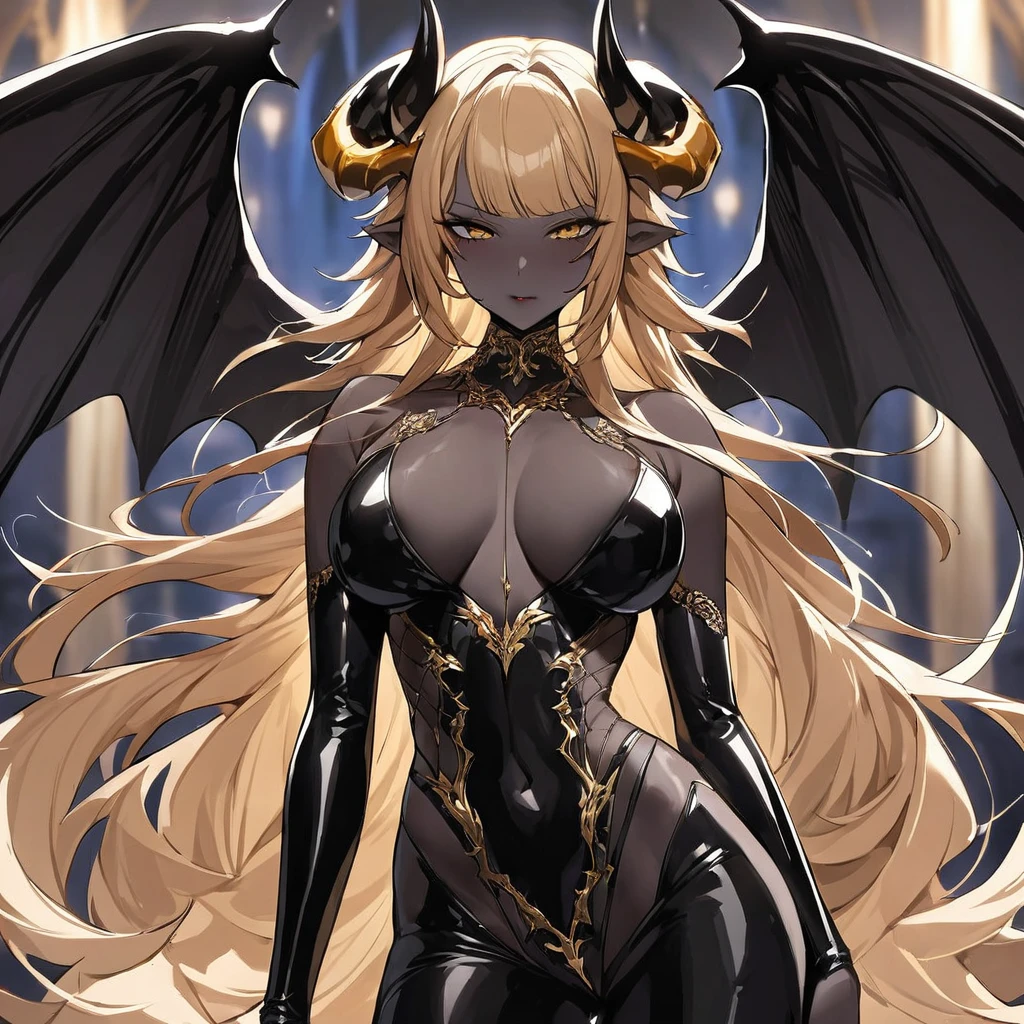 ((Highest quality)), ((masterpiece)), (detailed), （Perfect Face）、The woman is a sexy devil with jet black skin、The woman is a jet-black female demon with magnificent devil horns, jet-black devil wings, and a jet-black tail. Her skin is jet-black and she is wearing a seductive shiny black bodysuit dress decorated with gold. She is the jet-black demon Princess Leona, with medium-long light brown hair, and is a demon in both body and mind.、The woman is the wife of a dignified and powerful demon king, her beloved husband.