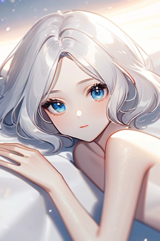 ((Лучшее качество)), ((шедевр)), (подробный), a naked girl with white hair and blue eyes lies on