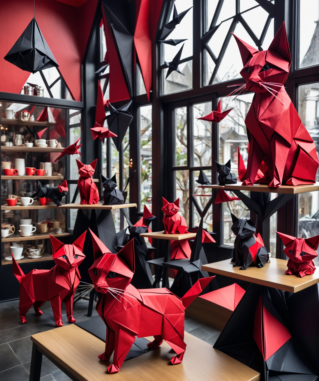 Origami cat café, origami gothic style, mostly red and black tones, origami cats, origami customers, whimsical,