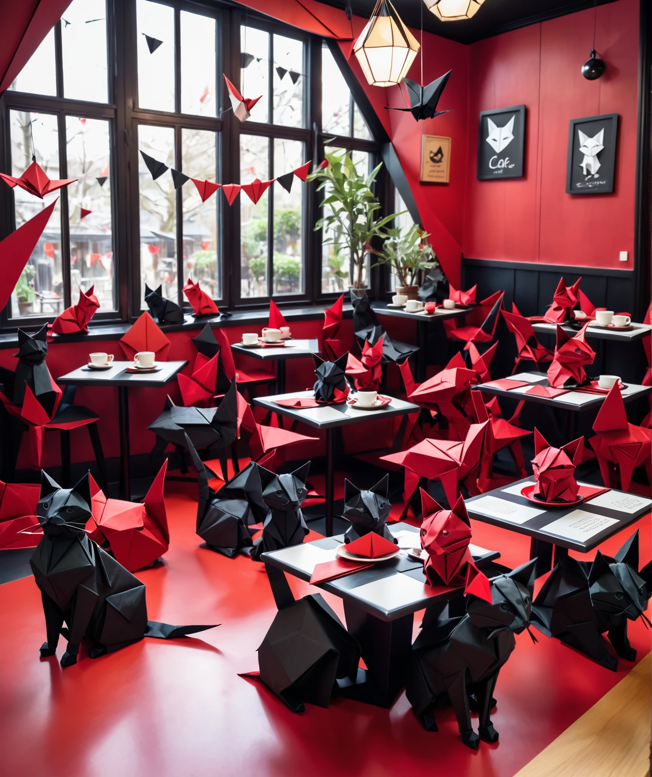 Origami cat café, origami gothic style, mostly red and black tones, origami cats, origami customers, whimsical,