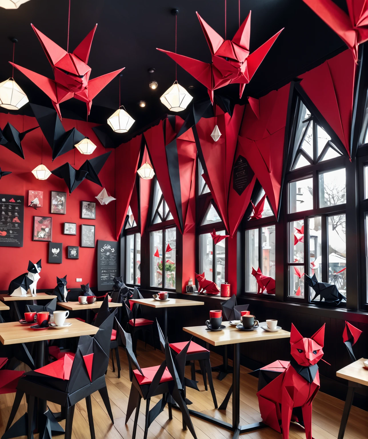 Origami cat café, origami gothic style, mostly red and black tones, origami cats, origami customers,  whimsical,  