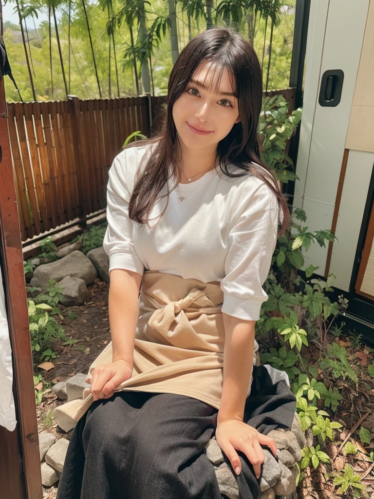 rie,One Woman,(best quality), (ultra detailed), (absolutely resolution),Face is front, 32 years old, Sit with your hands on the floor, Apron dress, The color of the clothes is mustard, The pattern on the clothes is striped, Black Hair, Kyoto Bamboo Forest Path、green々Surrounded by bamboo