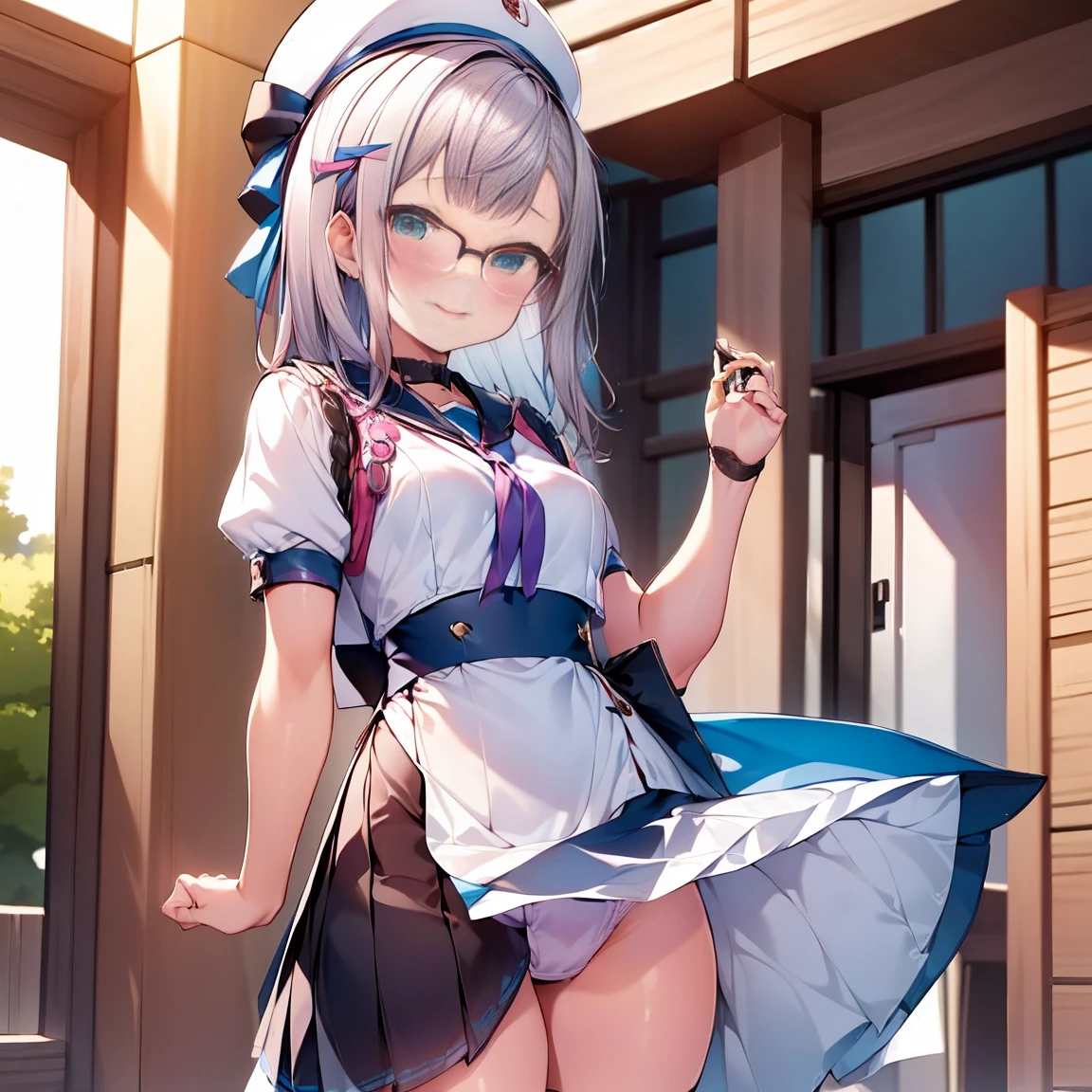 8K、masterpiece、Japanese、Woman wearing glasses、Neon(nod)、from the front、smile、Childish、Small breasts、See-through underwear、night、Bedroom、Show your underwear、mini skirt