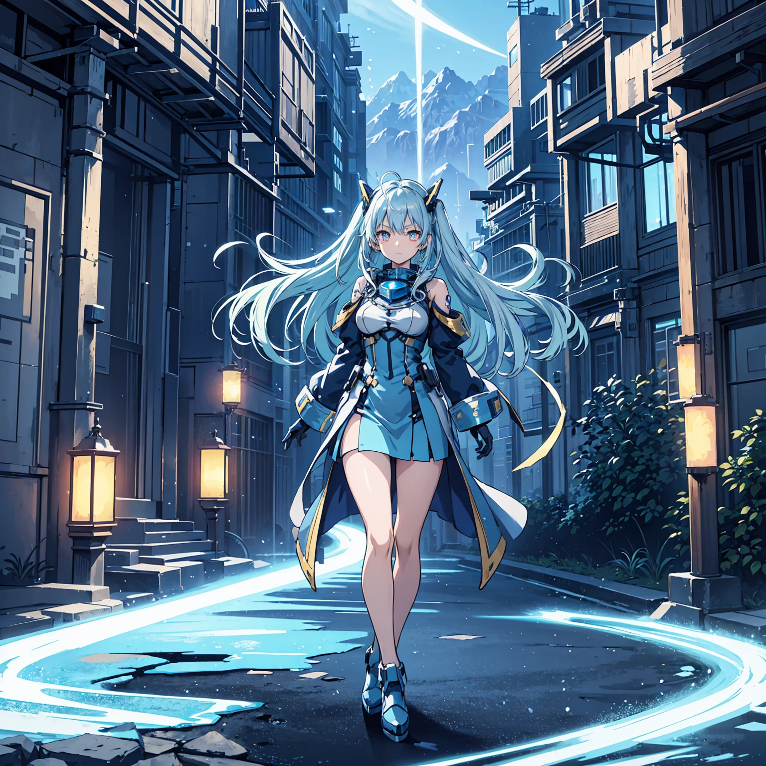 Anime, 2 Characters, 1 Anime Girl, Silver Blue Hair, blue glowing star-shaped eyes, 1 Puppet, metallic, tall, Robot, Fantasy, Lights, outdated, old style, bronze silver and blue, Nature, Biomes with mountains