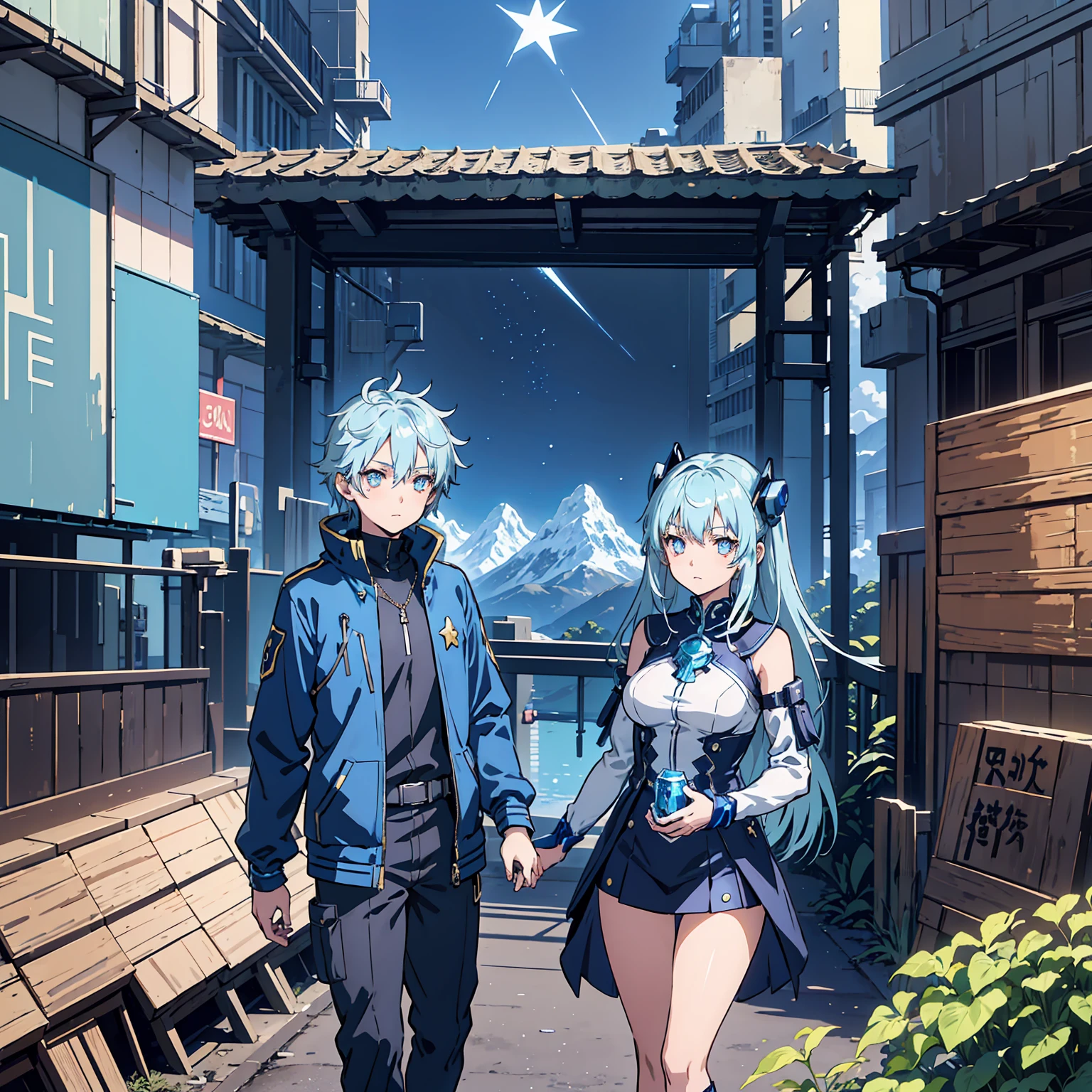 Anime, 2 Characters, 1 Anime Girl, Silver Blue Hair, blue glowing star-shaped eyes, 1 Puppet, metallic, tall, Robot, Fantasy, Lights, outdated, old style, bronze silver and blue, Nature, Biomes with mountains