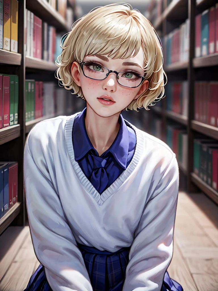 1girl, elegant bearing, small, slender build, short height, narrow shoulders, pale skin dotted by freckles, short platinum blonde hair, (((pixie cut hairstyle))), (((boyish hair))), (dark green eyes), silver glasses, cute facial features with an underlying elegance, thin lips, small breasts, youthful teen girl, RAW photo, ((slim body: 1)), (HQ skin: 1.4), 8k uhd, soft light, high quality, ((school uniform, white clothes, gold accents, (looking at viewer:1.4), library
