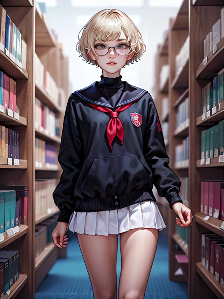 1girl, elegant bearing, small, slender build, short height, narrow shoulders, pale skin dotted by freckles, short platinum blonde hair, (((pixie cut hairstyle))), (((boyish hair))), (dark green eyes), silver glasses, cute facial features with an underlying elegance, thin lips, small breasts, youthful  girl, RAW photo, ((slim body: 1)), (HQ skin: 1.4), 8k uhd, soft light, high quality, ((school uniform, white clothes, gold accents, (looking at viewer:1.4), library
