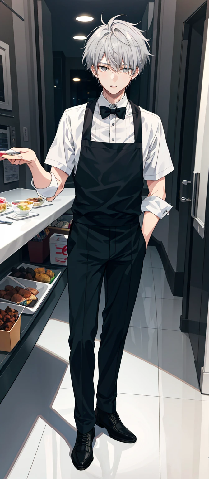 1 boy, 25 years old, full body, waiter, short hair, grey hair, messy hair, undercut,