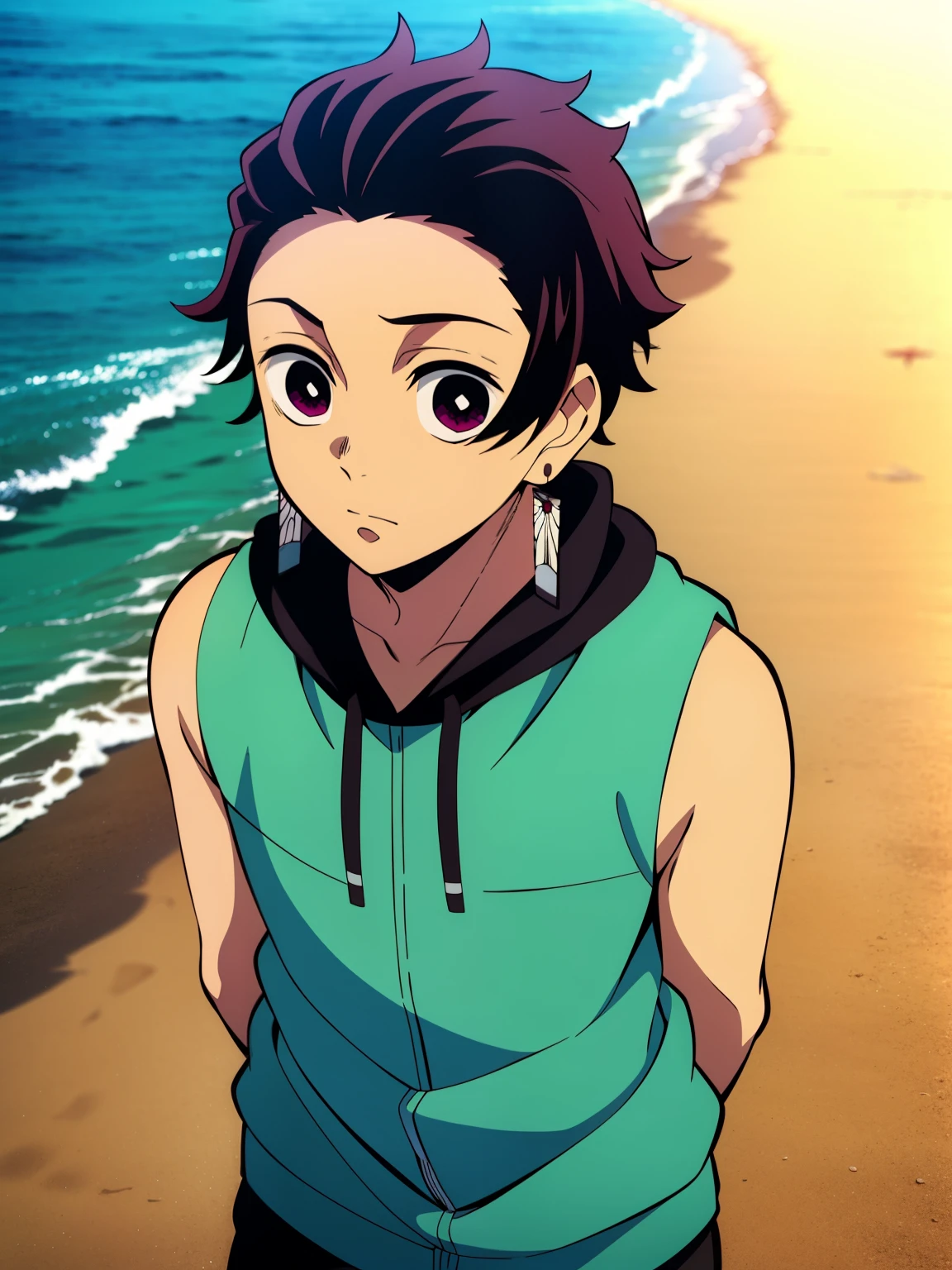 Highres, Masterpiece, Best quality at best,Best Quality,hight quality, hight detailed, Anime screencap style, 1boy, Shota, Little boy, Solo, Tanjiro, earring, holding the back of his head, (Sleeveless hoodie), Seen from the front, look at viewer, Beach, wear a hat, (very young boy), (very small and short body), 12-year-old boys, hansome boy, Uhd, 4k, wallpaper