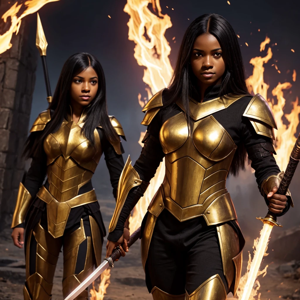 A light black woman, with straight and pasted hair, with violet eyes, with the pupil of the right eye emitted light, with a golden armor, a flaming sword in his right hand and a staff in his left hand.