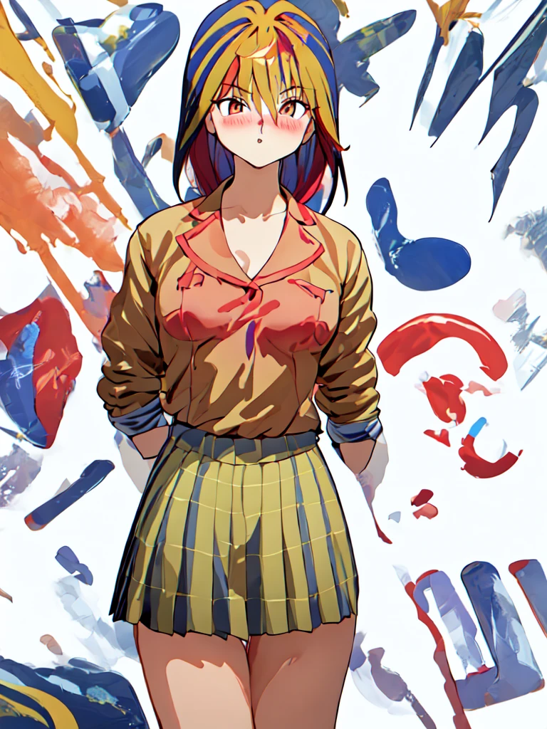 1 girl, glossy lips, glossy body, short hair, red lipstick, blue hair, golden hair, two-tone hair, red eyeshadow, spiked hair, blazer uniform, flared skirt, pink blush, sparkling eyes, high school girl, glossy hair, tall, beautiful legs, sailor uniform, blouse, shorts