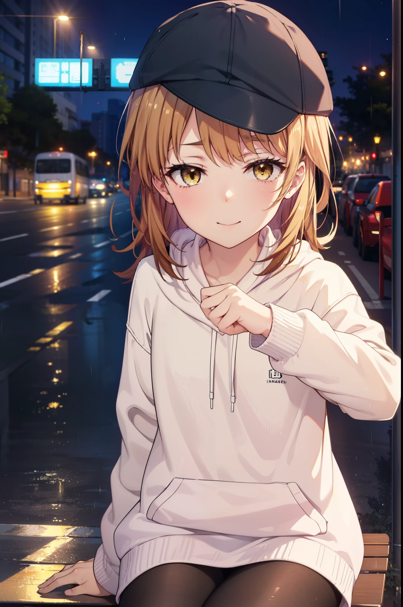 Irohaisshiki, isshiki iroha, Long Hair, Brown Hair, (Brown eyes:1.5), happy smile, smile, Close your mouth,blush,rain,night,Baseball hats,Pink oversized hoodie,mini skirt,Black pantyhose,short boots,Sitting on a bus stop bench、,Hidden in a covered building bus stop,whole bodyがイラストに入るように,
break outdoors, バス停
break looking at viewer,whole body,
break (masterpiece:1.2), Highest quality, High resolution, unity 8k wallpaper, (figure:0.8), (Beautiful attention to detail:1.6), Highly detailed face, Perfect lighting, Highly detailed CG, (Perfect hands, Perfect Anatomy),