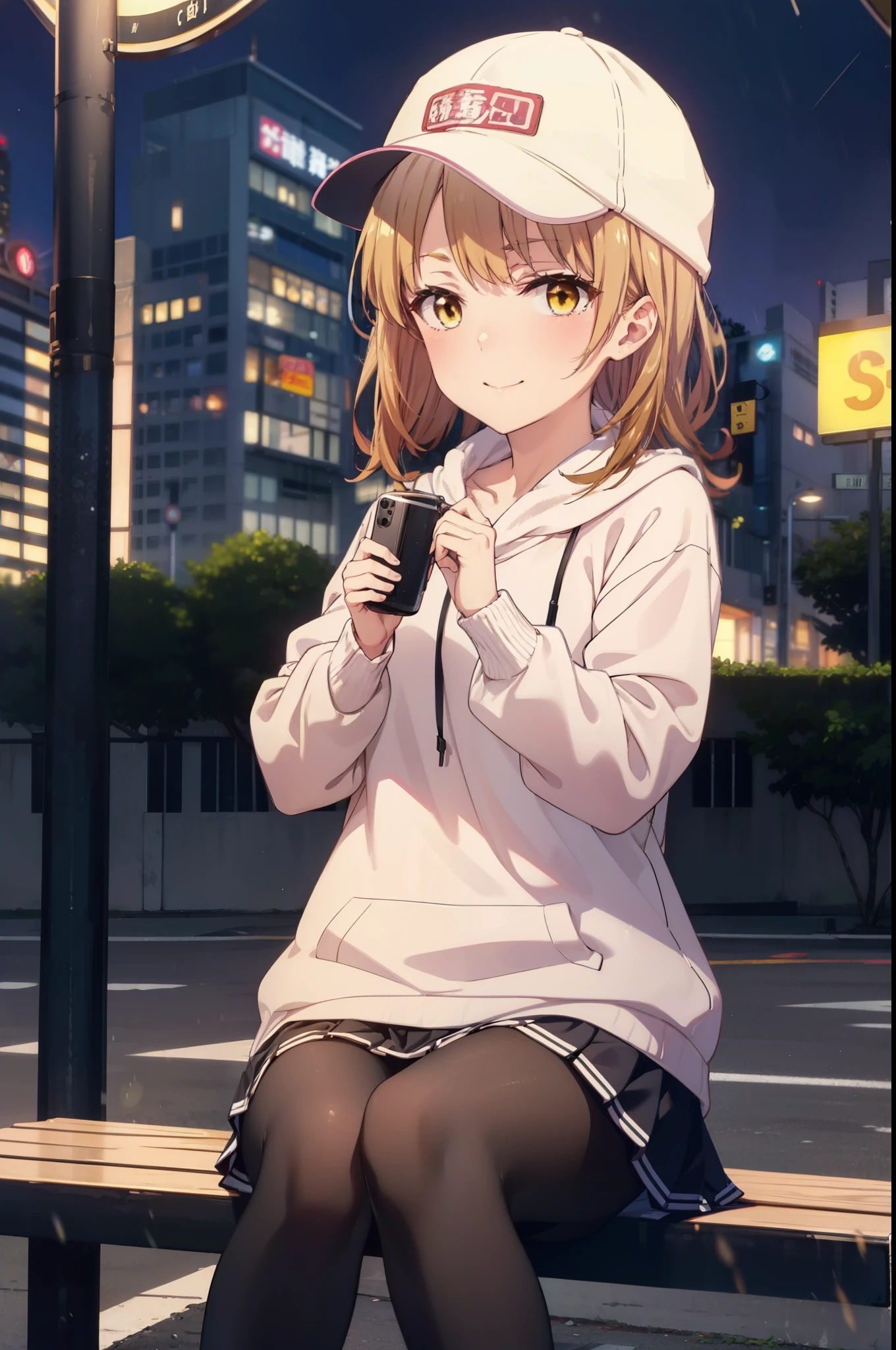 Irohaisshiki, isshiki iroha, Long Hair, Brown Hair, (Brown eyes:1.5), happy smile, smile, Close your mouth,blush,rain,night,Baseball hats,Pink oversized hoodie,mini skirt,Black pantyhose,short boots,Sitting on a bus stop bench、,Hidden in a covered building bus stop,whole bodyがイラストに入るように,
break outdoors, バス停
break looking at viewer,whole body,
break (masterpiece:1.2), Highest quality, High resolution, unity 8k wallpaper, (figure:0.8), (Beautiful attention to detail:1.6), Highly detailed face, Perfect lighting, Highly detailed CG, (Perfect hands, Perfect Anatomy),