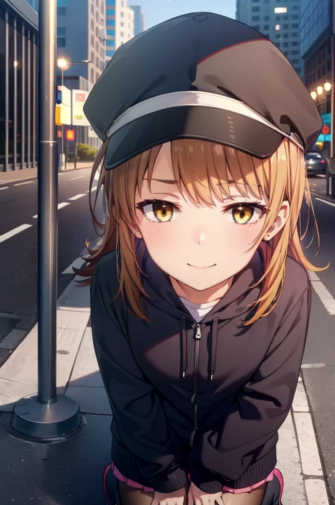 Irohaisshiki, isshiki iroha, Long Hair, Brown Hair, (Brown eyes:1.5), happy smile, smile, Close your mouth,blush,rain,night,Baseball hats,Pink oversized hoodie,mini skirt,Black pantyhose,short boots,Sitting on a bus stop bench、,Hidden in a covered building bus stop,whole bodyがイラストに入るように,
break outdoors, バス停
break looking at viewer,whole body,
break (masterpiece:1.2), Highest quality, High resolution, unity 8k wallpaper, (figure:0.8), (Beautiful attention to detail:1.6), Highly detailed face, Perfect lighting, Highly detailed CG, (Perfect hands, Perfect Anatomy),