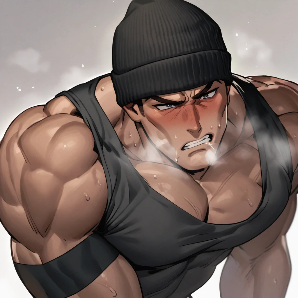 muscular guy with black beanie hat and brown hair blows out his disgusting green breath