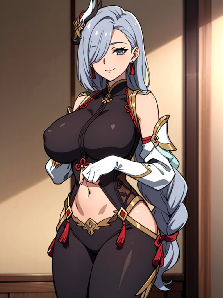 earrings, braided ponytail, puffy sleeves, gold trim, gloves, bodysuit, breast curtain, shoulder cutout, covered navel, hip vent, clothing cutout, tassel, (luxury livingroom background), ShenheV4, anime cels style, best quality, high resolution, 1girl, (huge breasts:1.2), beautiful face, grey hair, long hair, hair ornament, hair over one eye, blue eyes, cowboy shot, smiling