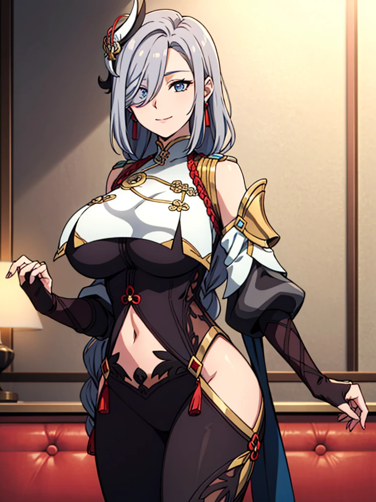 earrings, braided ponytail, puffy sleeves, gold trim, gloves, bodysuit, breast curtain, shoulder cutout, covered navel, hip vent, clothing cutout, tassel, (luxury livingroom background), ShenheV4, anime cels style, best quality, high resolution, 1girl, (huge breasts:1.2), beautiful face, grey hair, long hair, hair ornament, hair over one eye, blue eyes, cowboy shot, smiling