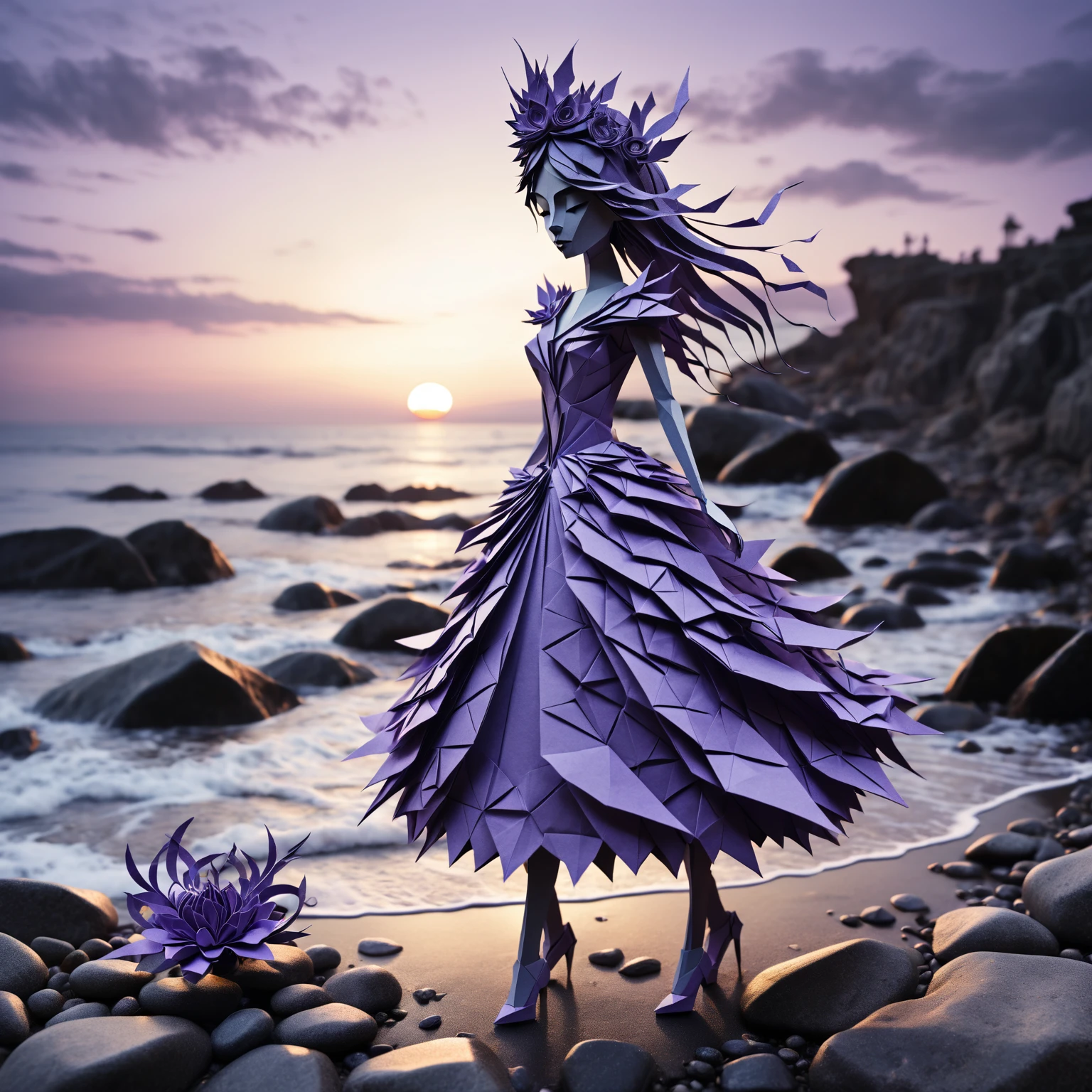 A beautiful Origami creature with a lavender paper flowers tiara walks on a creepy rocky beach, origami style, paper cut, multilayered papercut, sunset, shadowlike ghost floating, nightmare, gloomy, slightly influenced by Tim Burton and Luis Royo, highly detailed.