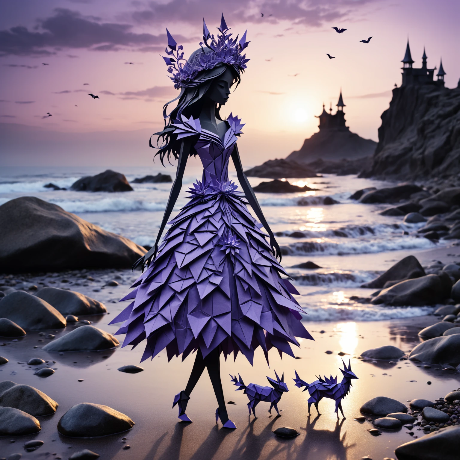 A beautiful Origami creature with a lavender paper flowers tiara walks on a creepy rocky beach, origami style, paper cut, multilayered papercut, sunset, shadowlike ghost floating, nightmare, gloomy, slightly influenced by Tim Burton and Luis Royo, highly detailed.