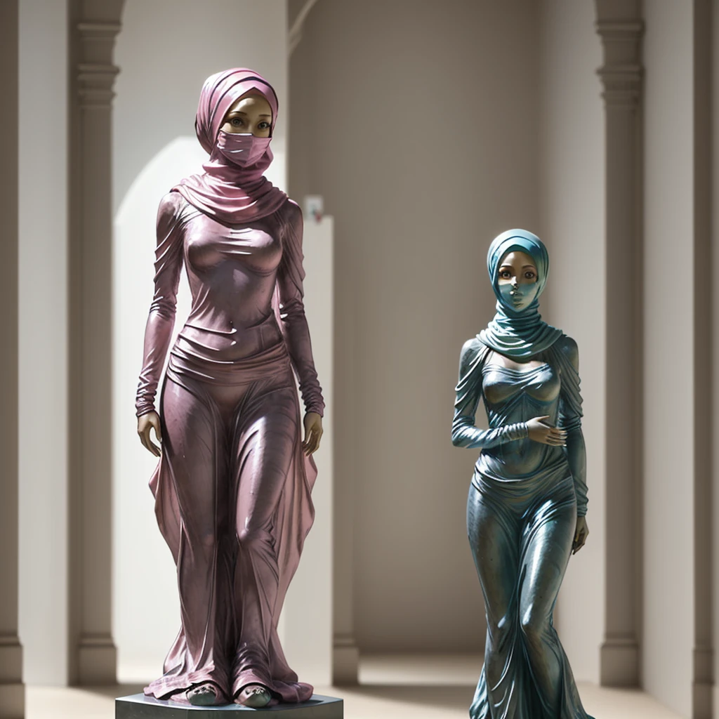 Ral-pinkresin, statue half body of a woman wearing a hijab in the museum,in front view
