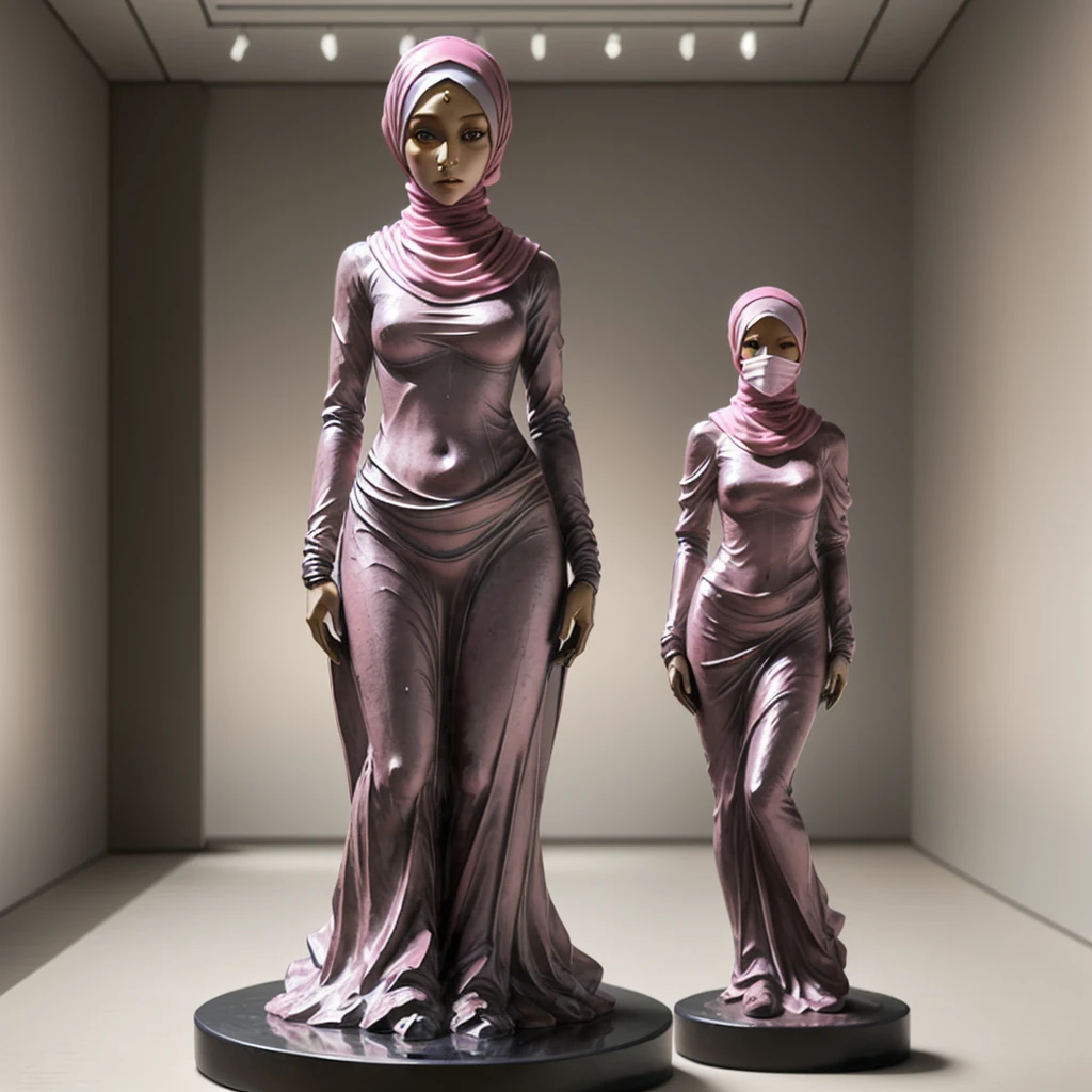 Ral-pinkresin, statue half body of a woman wearing a hijab in the museum,in front view
