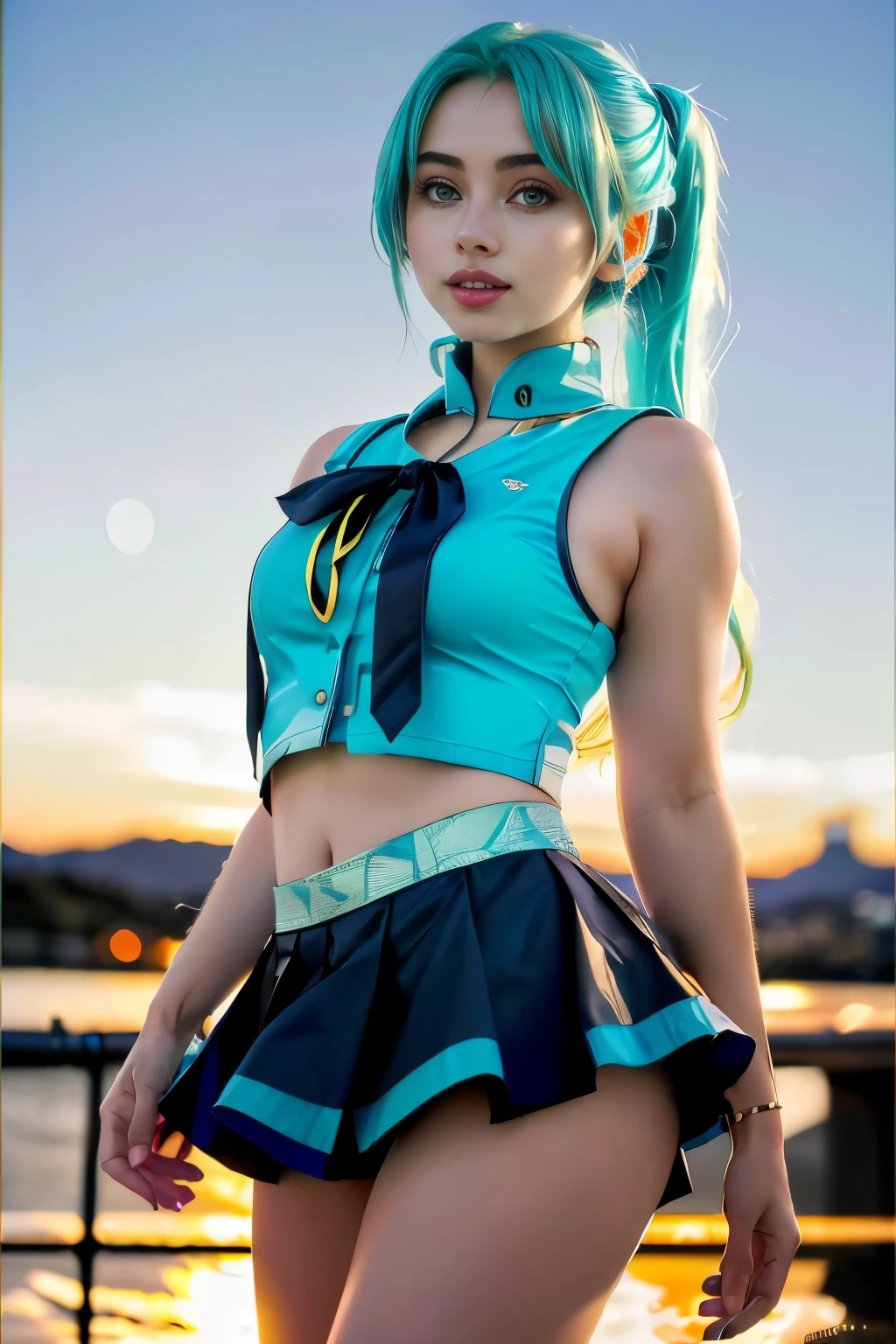 (((Details in Ultra HD quality, real-photo-realistic, ideal))), (morbid light:1.2), (Dynamic Angle), raw photo, (Hatsune Miku), YOUNG, beautiful, very thin, Skinny, blue fur, in highly detailed sailor suit, (ultra detailed body), sleeveless top, a short black skirt, (light smile:0.8), moonlight passing through hair, (beautiful random background:1.3), (sharp), Exposure Mix, bokeh, Luz outfit, High contrast, (muted colors, muted colors, calming tones:1.3), Low saturation, morbid