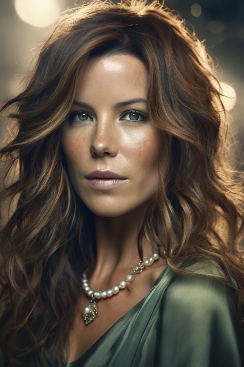 kate beckinsale woman Realistic 8K portrait: A young Smiling Freckles brunette, green eyes, wind-blown long hair, medevil dress, princess, pearl necklace; dramatic lighting, cinematic colors; hyper-above