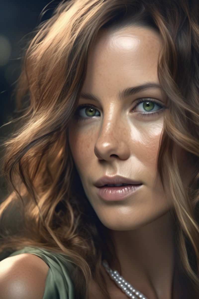 kate beckinsale woman Realistic 8K portrait: A young Smiling Freckles brunette, green eyes, wind-blown long hair, medevil dress, princess, pearl necklace; dramatic lighting, cinematic colors; hyper-above