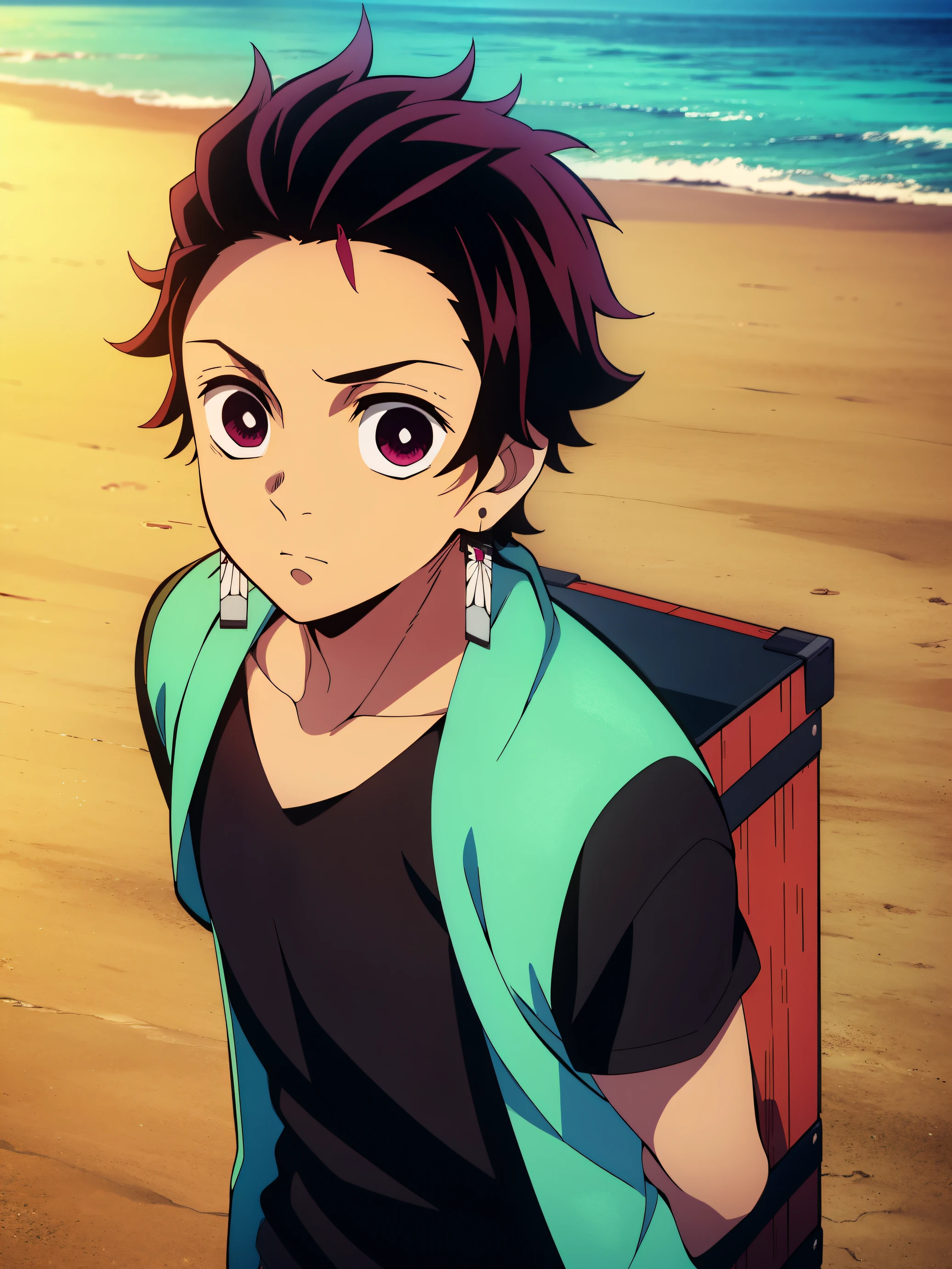 Highres, Masterpiece, Best quality at best,Best Quality,hight quality, hight detailed, Anime screencap style, 1boy, Shota, **********, Solo, Tanjiro, earring, holding the back of his head, tank top, sleeveless hoodie, Seen from the front, look at viewer, Beach, wear a hat, (very young boy), (very small and short body), ***************s, hansome boy, Uhd, 4k, wallpaper