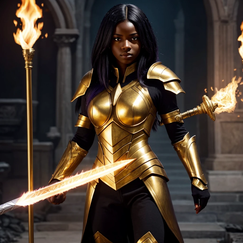 A light black woman, with straight and pasted hair, with violet eyes, with the pupil of the right eye emitted light, with a golden armor, a flaming sword in his right hand and a staff in his left hand.