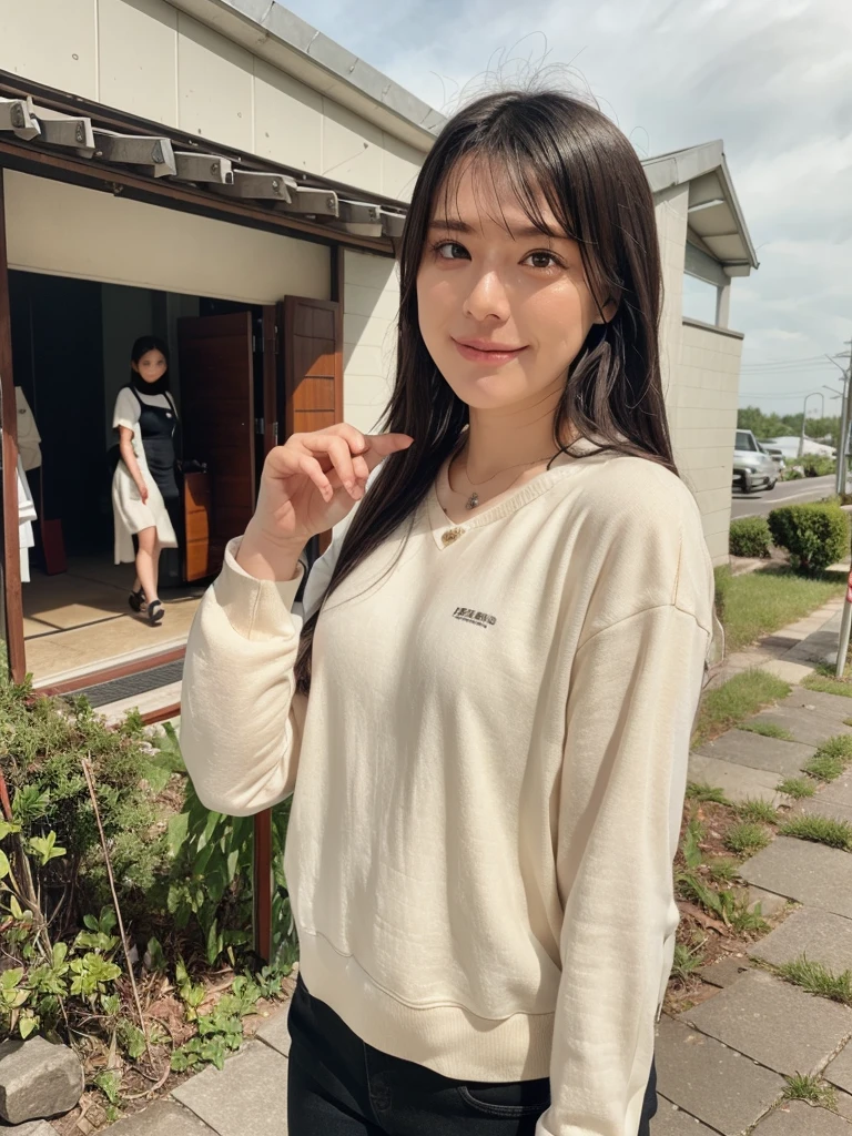 rie,One Woman,(best quality), (ultra detailed), (absolutely resolution),Face is front, 32 years old, Hide your mouth with your fingers, Check shirt and shorts, The color of the clothes is beige, The clothes are plain, Black Hair, Rural landscape with drooping ears of rice