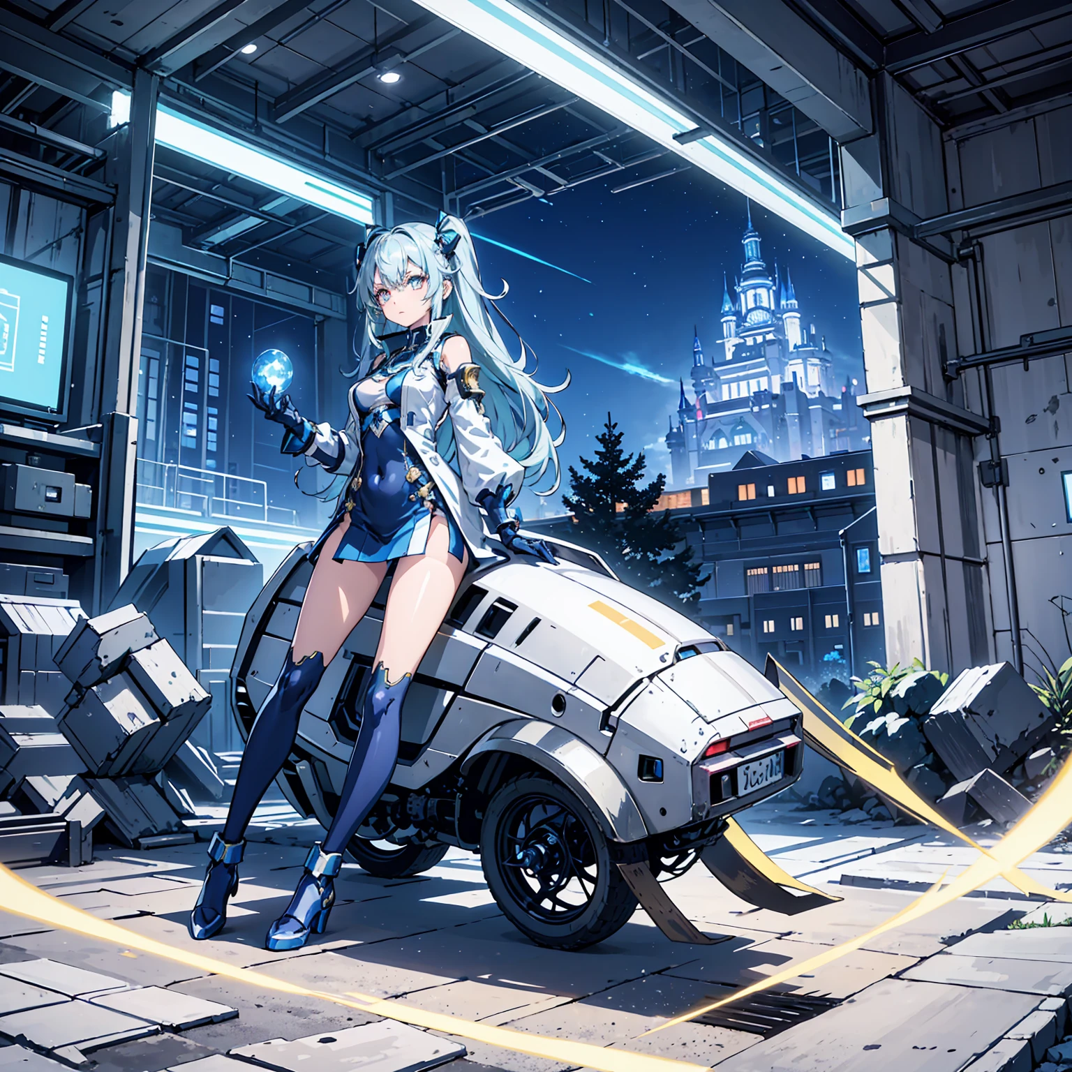 Anime, 2 Characters, 1 Anime Girl, Silver Blue Hair, blue glowing star-shaped eyes, 1 Puppet, metallic, tall, Robot, Fantasy, Lights, outdated, old style, bronze silver and blue, Nature, Biomes with mountains