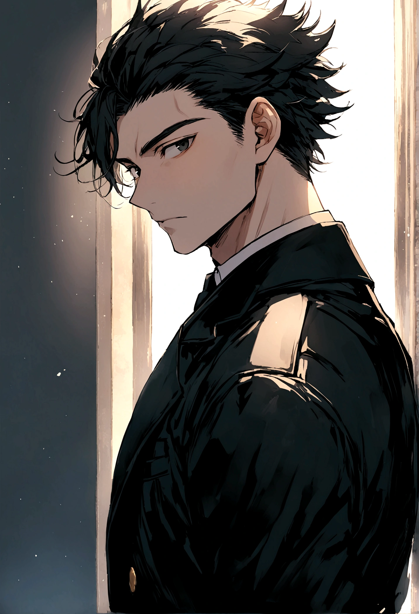 masculine man, high , muscular , with full black suit and open black trench coat , short black hair combed back and black eyes , black belt and black gloves ,Delgado , ,20 years old