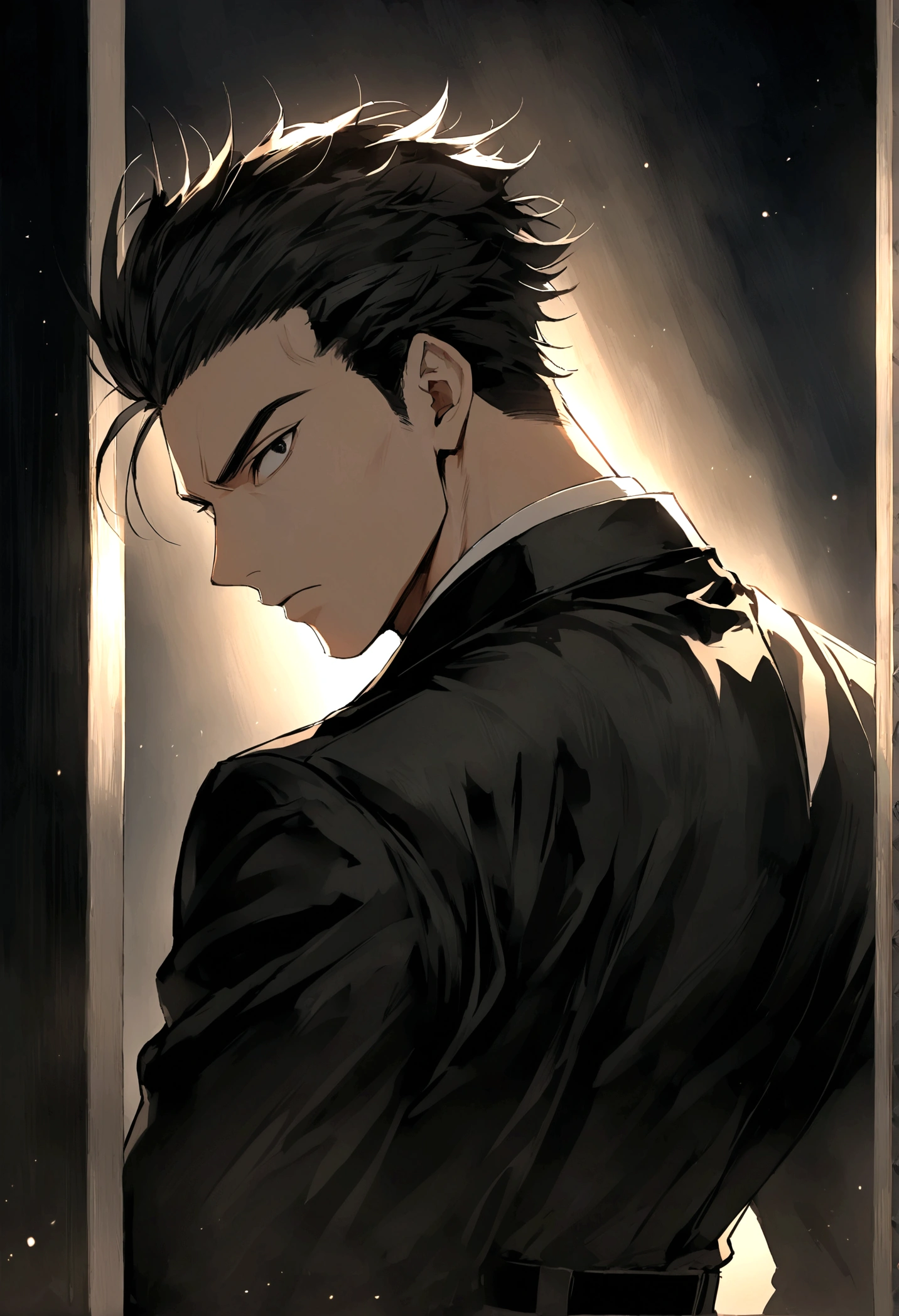 masculine man, high , muscular , with full black suit and open black trench coat , short black hair combed back and black eyes , black belt and black gloves ,Delgado , ,20 years old