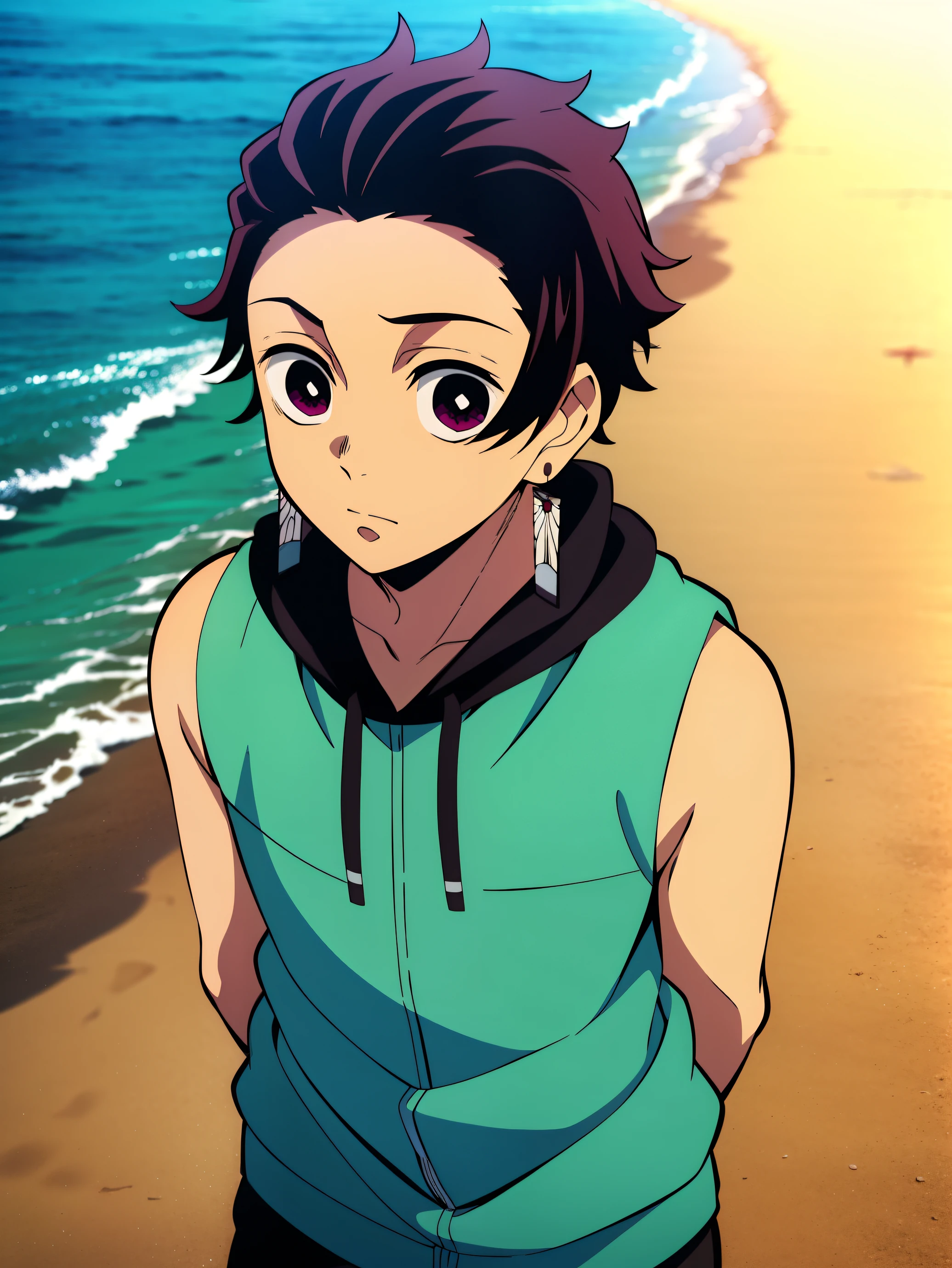 Highres, Masterpiece, Best quality at best,Best Quality,hight quality, hight detailed, Anime screencap style, 1boy, Shota, Little boy, Solo, Tanjiro, earring, holding the back of his head, (Sleeveless hoodie), Seen from the front, look at viewer, Beach, wear a hat, (very young boy), (very small and short body), 12-year-old boys, hansome boy, Uhd, 4k, wallpaper