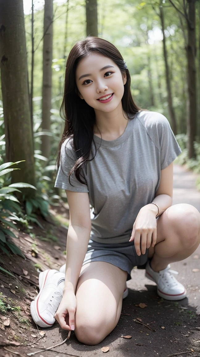 masterpiece, best quality, Surreal, Ultra Detailed, 8k resolution, RAW photos, Clear focus, (A girl in the forest), ((light gray shirt:1.1)), Short sleeve, sports Shorts,Full body posture, Solitary, Perfect body, Become a, 32 inches in the chest,(a charming smile:1), (sexy pose),26 years old, light,White shoes